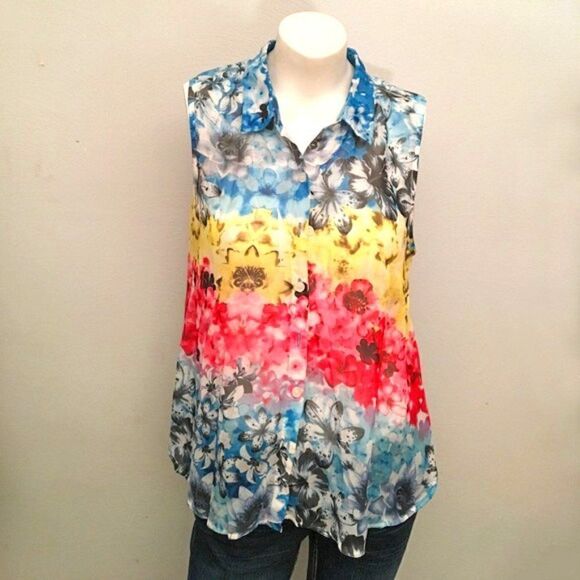 DOTS Semi Sheer Colorful Floral Sleeveless Button-down Tunic Top - Picture 1 of 4